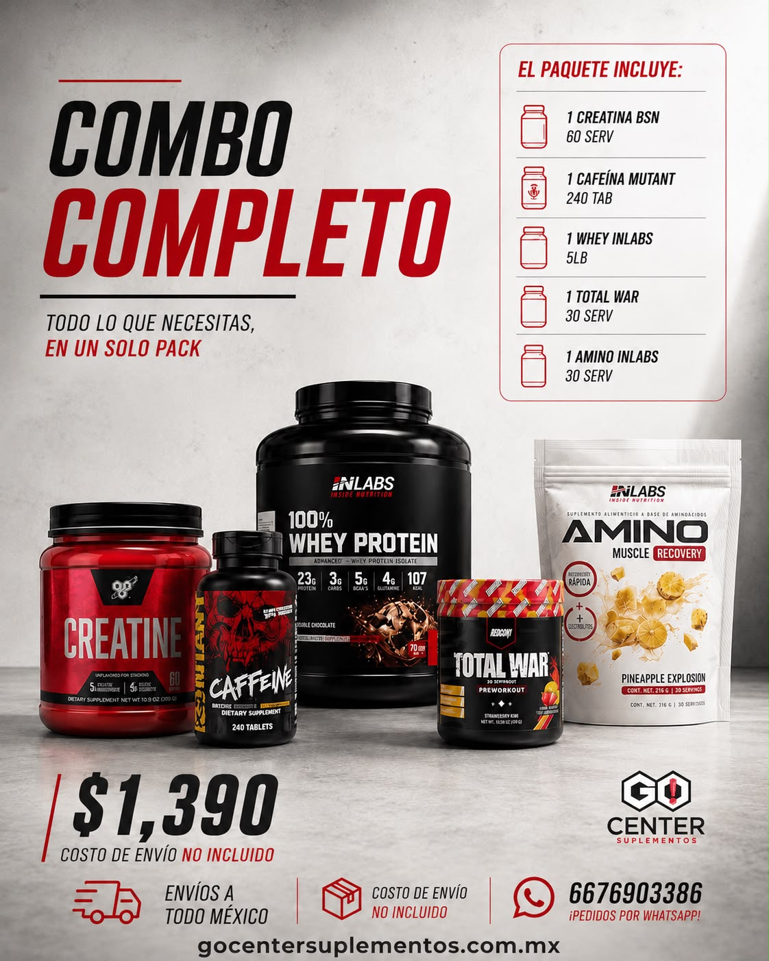Combo Completo Creatina, Whey y Amino